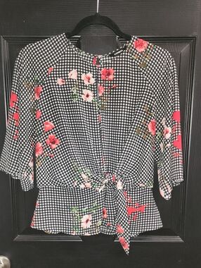 Express Black & White Gingham Floral Tie-Front Blouse
